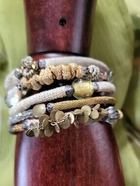 Ayala Bar Gold and Cream Beaded Wrap Bracelet With Small Dangling Accents
